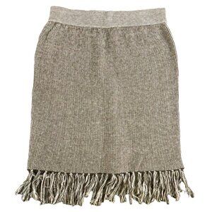 Tweeds Tan‎ Stripe Fringe Wool Blend Straight Skirt Midi Stretch Business Boho M